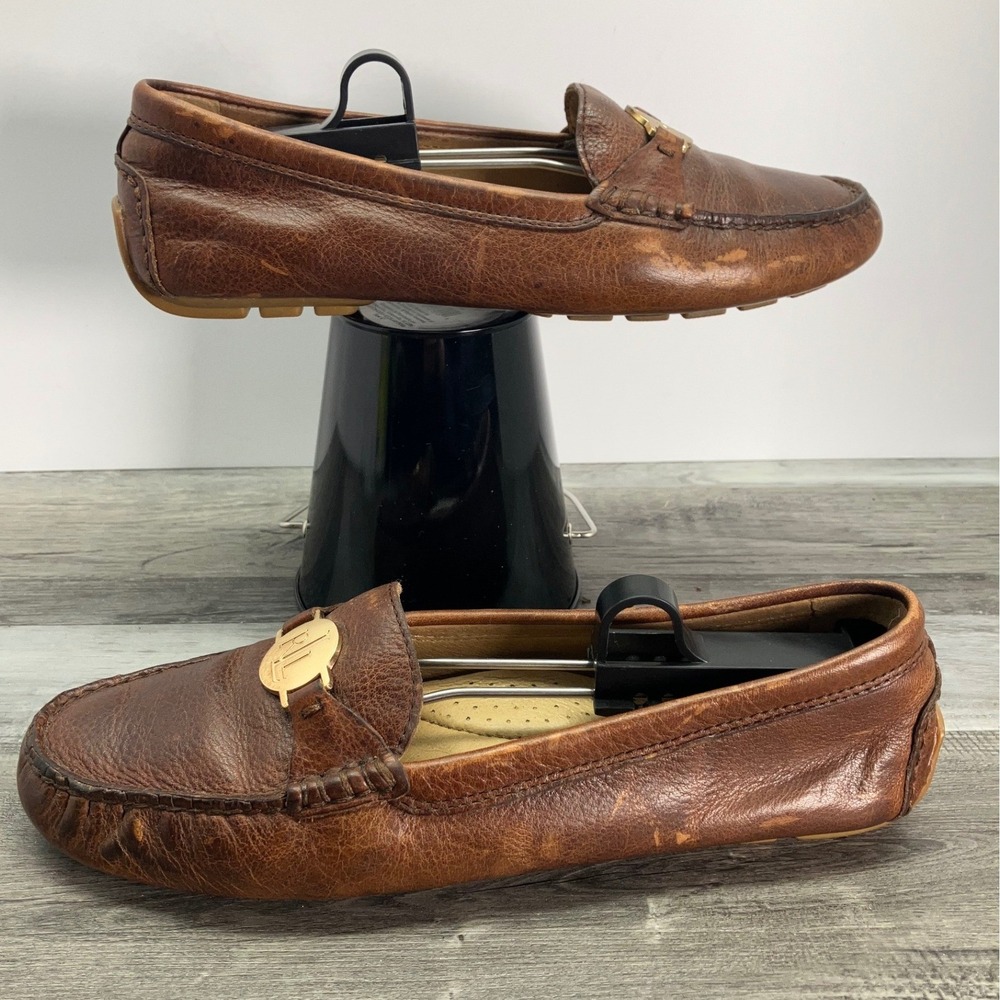 Lauren Ralph Lauren Carley Brown Leather Driving Loafers Gold RLL Logo 7.5B